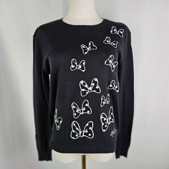 Disney Parks Minnie Mouse Hair Bow Black Sweater Embroidery Small Crew Neck - Picture 1 of 9